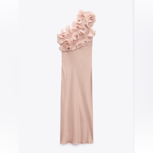 Zara RUFFLED SATIN EFFECT DRESS. Beige-Pink. Size S. New with Tag. - Picture 7 of 8